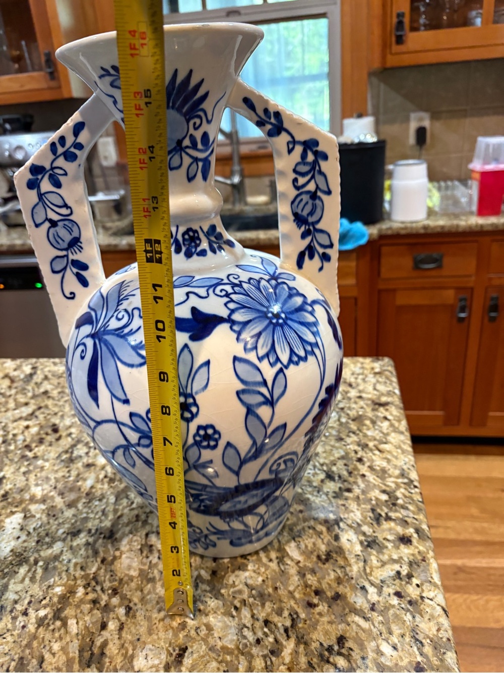Blue & White Floral Ceramic Vase with Twin Handles